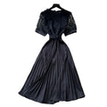 Frenchretrocut out short-sleeved dress women's summerk-style waist slimming lookclassy sense pleated long skirt work clothing