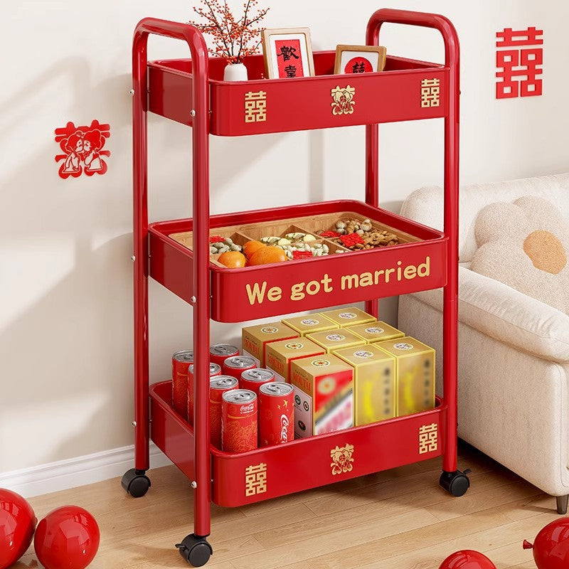 Red trolley rack Wedding household Wedding engagement arrangement Happy New Year's Day Spring Festival Floor storage shelf