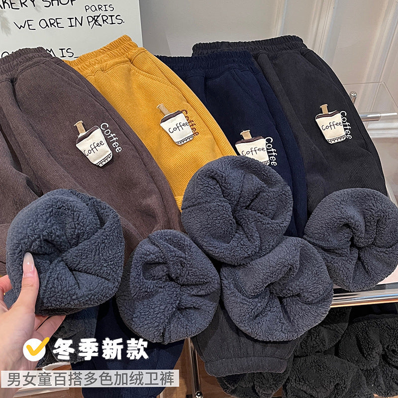 Girls' fall/winter fleece-lined thickened casual pants, baby girls' warm outerwear sweatpants, fashionable casual cotton pants, trendy children's clothing