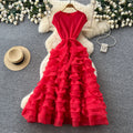 spring/summer new arrival: elegant solid color round neck sleeveless dress - loose fit, tie-waist, multi-layered ruffle maxi dress