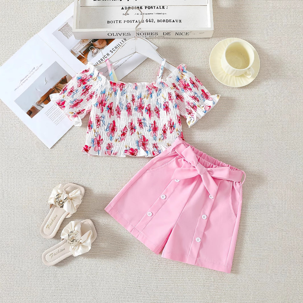 summergirlsuit pink shorts floral suspender topschildrenk-style short-sleeved two-piece set