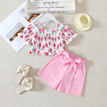 summergirlsuit pink shorts floral suspender topschildrenk-style short-sleeved two-piece set