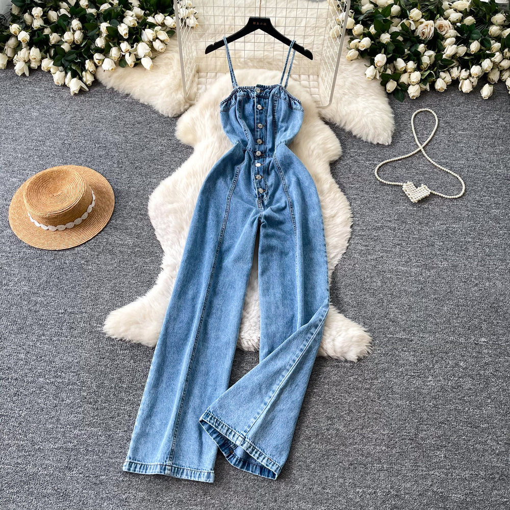 Retro denim style suspender casualelegant jumpsuit women's summer high waist waist silmslimming look wide leg pants