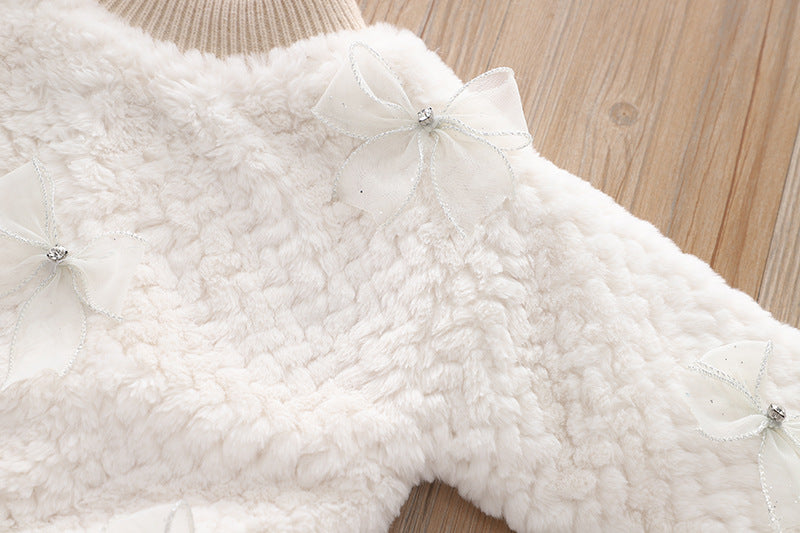 Girl pulloverfleece-linedthickenedheattechwinternew arrivalk-style round neck imitation fur babytops inner wear