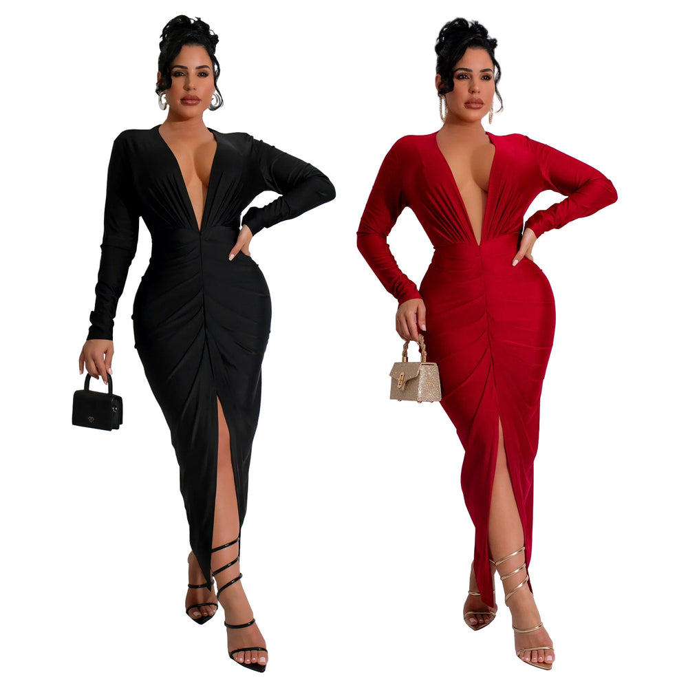 C7118 cross-border   fashion women's bodycon v-neck slit solid color dress - new arrival