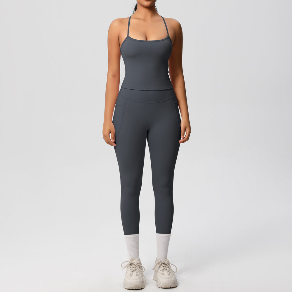 New arrivalpure color sling beautiful back yoga clothes hip pocket tights sports suit cloud-like quick-drying fitness clothes for women