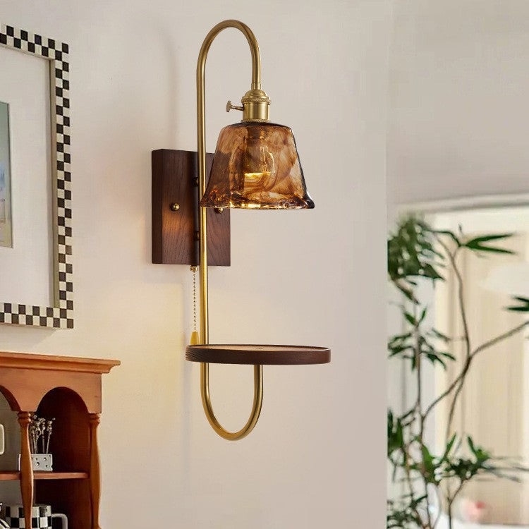 Vintage walnut wall sconce with antique brass and ceramic shelf - bedroom bedside b&b manufacturer