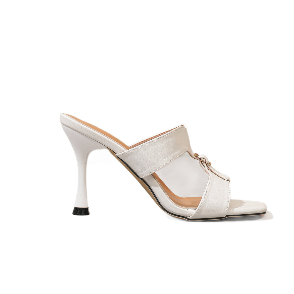 French chic white square-toe stiletto heel sandals - new summer collection with t-strap buckle detail