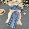 Hong kong style retrochicsuit female sweet and spicy girl off-shoulder camisole outwearhigh waist slit skirttwo-piece set