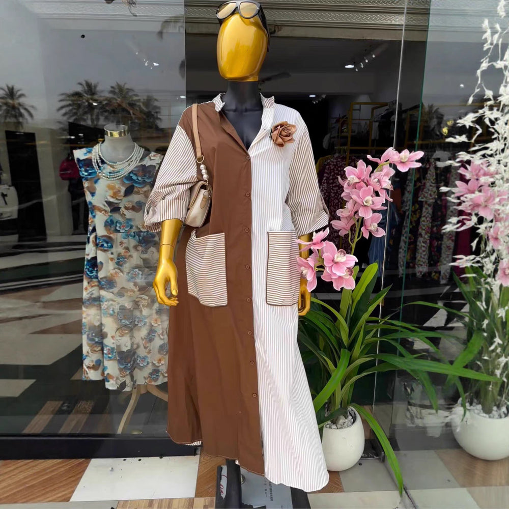 European and american cross-border women's fashion:  summer new arrival - stylish turn-down collar, loose fit, striped color block, large pocket shirt dress
