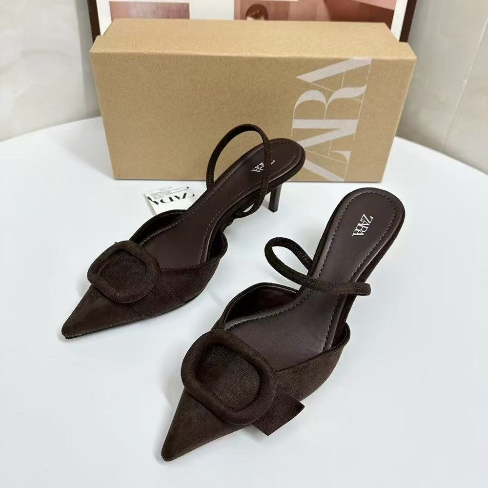 Za women's shoes 2025 new pointed toe high heel sandals women's suede square buckle flats back open outwear toe shoes