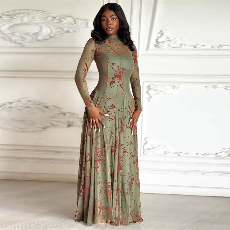 European and american women's clothing  autumn new collection: sweet and fresh printed mock neck long sleeve high-waisted slimming a-line dress