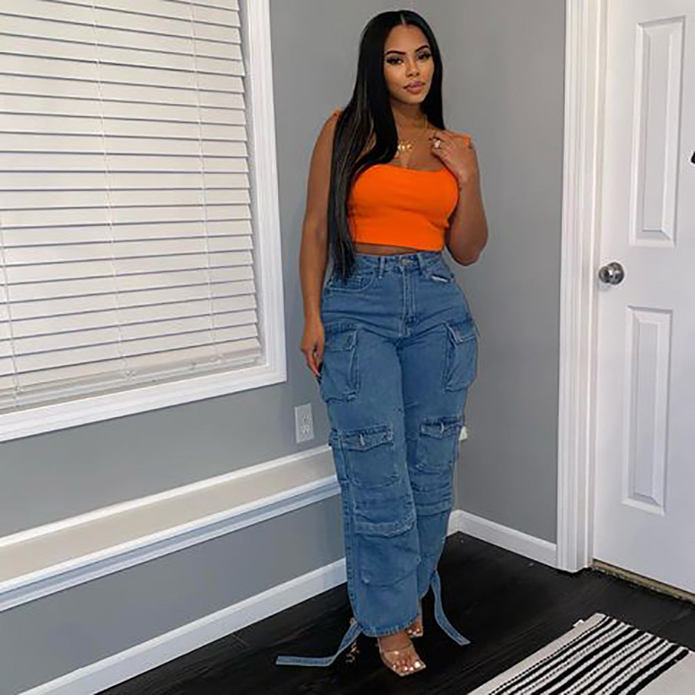 European and american style women's jeans - 's hottest fashion trend: multi-pocket cargo pants, plus size african denim