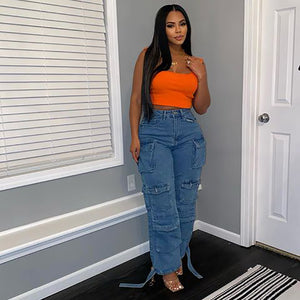 European and american style women's jeans - 's hottest fashion trend: multi-pocket cargo pants, plus size african denim