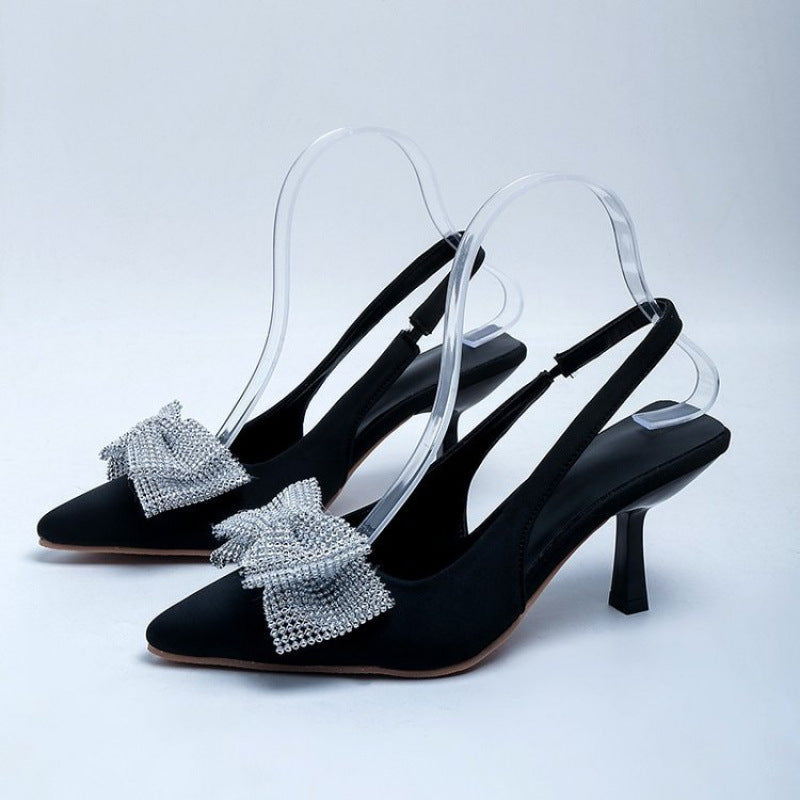 French pointed toe back strap bow rhinestone elastic band high heel sandals women women heels sandals