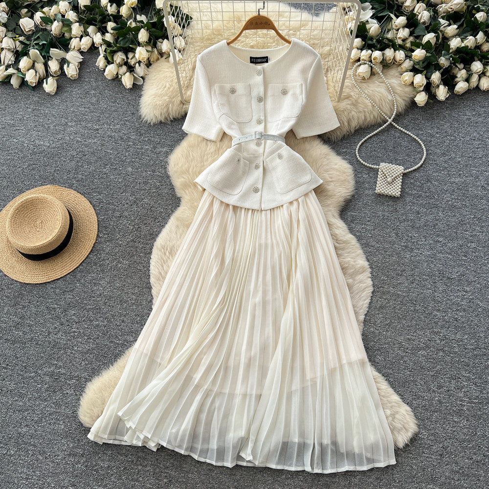 Xiaoxiangfeng pink a-line heavy industry pleateddress women's summer short-sleeved high waist waist pleated long skirtaccessible luxuryelegant