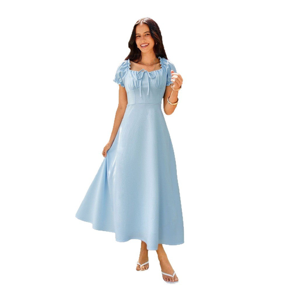 Summer women's solid color elegant dress -  export square neck tie-waist a-line midi dress