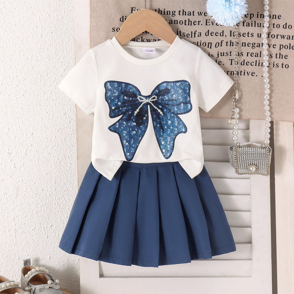 Children's clothing cross-border european and american girl white short-sleeved t-shirt blue skirt baby two-piece set