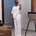 European and american cross-border women's fashion  autumn new arrival casual solid color crew neck loose short sleeve t-shirt and wide leg pants set