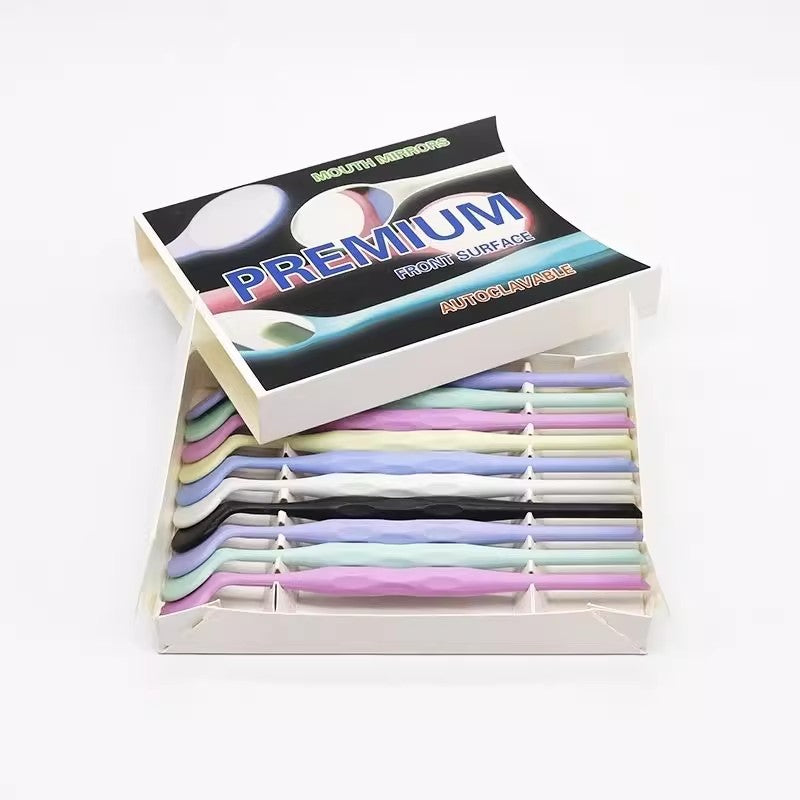 Dental mirrors, colored plastic single-sided/double-sided mirrors, stainless steel lenses, a box of 10 mirror-coated mirrors