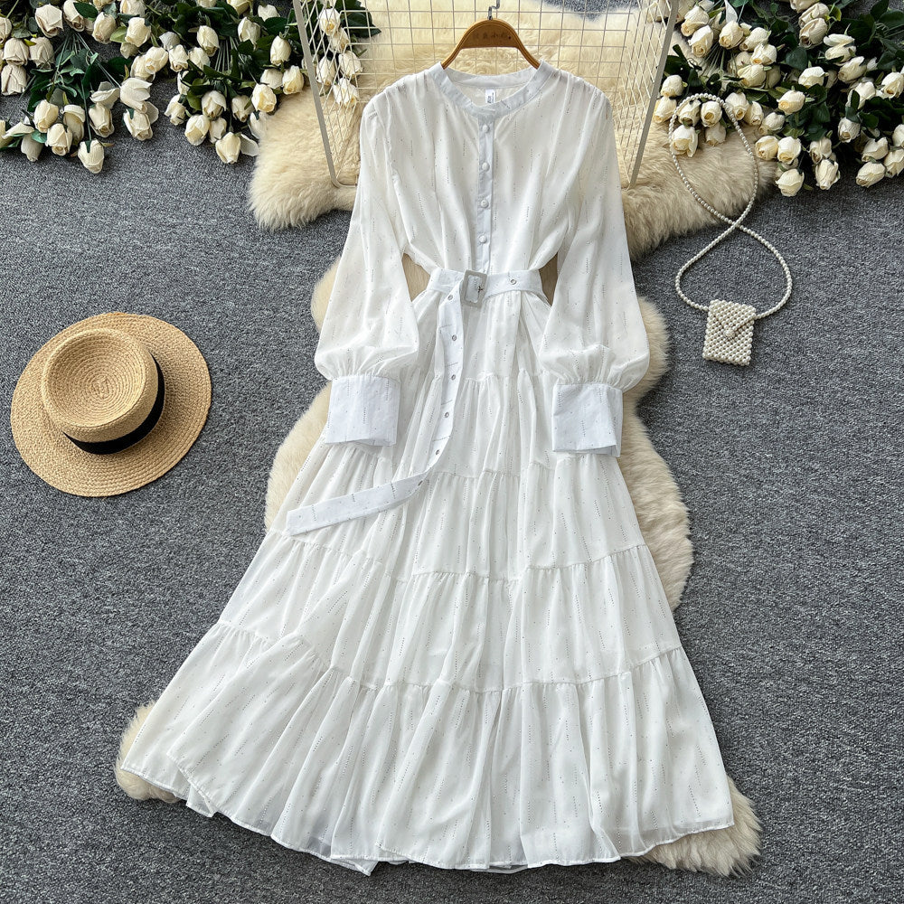 French pink bubble sleeve rhinestone dress - women's summer cinched waist ruffle tiered a-line maxi dress - elegant style