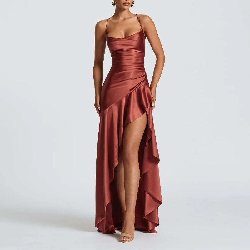 summer new women's fashion: cross-border european and american style elegant solid color ruffle hem asymmetrical dress