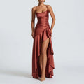 summer new women's fashion: cross-border european and american style elegant solid color ruffle hem asymmetrical dress