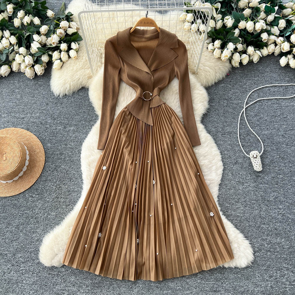 Commuting style lapel beaded long sleevesdress women's waist pleated skirtclassy socialite elegance gentle style long skirt