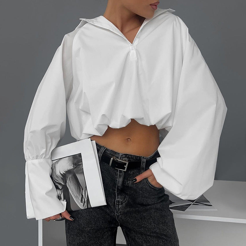 2025 spring and summer European and American white pullover Spice Girl shirt fashion design sense short drape lapel collar POLO shirt women's clothing