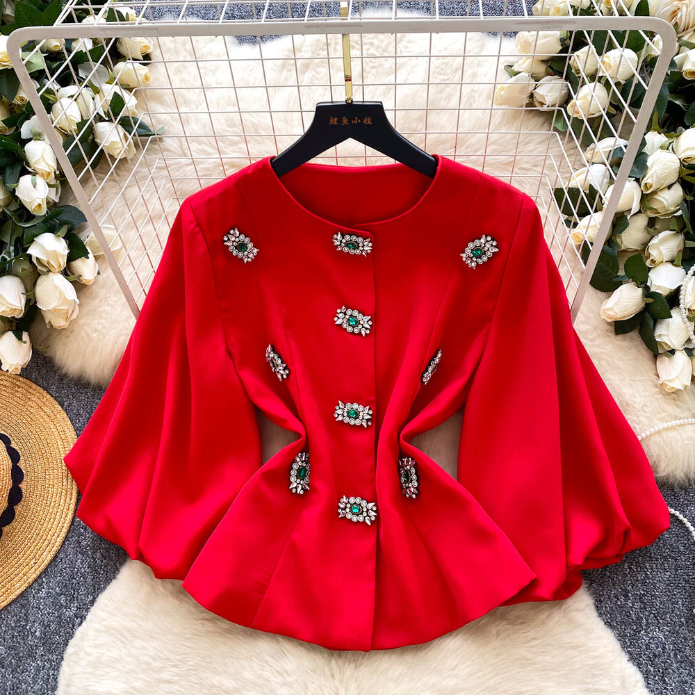Xiaoxiangfeng celebrityclassy heavy industry diamond round neck lantern sleeve waist outwear women's autumfrencheasiest for matchtops
