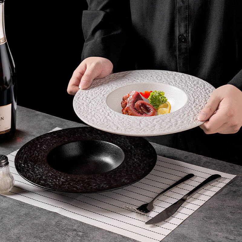 Hotel stylish rock pattern ceramic straw hat pasta plate restaurant for home high-looking ceramic soup plate classy sense of presentation