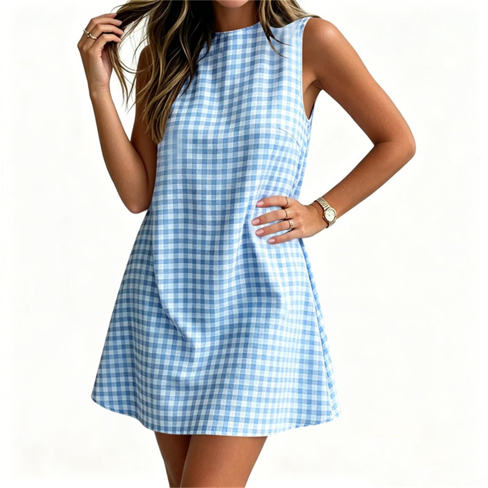 european and american cross-border  summer new women's plaid round neck sleeveless back zipper casual dress