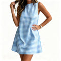 european and american cross-border  summer new women's plaid round neck sleeveless back zipper casual dress