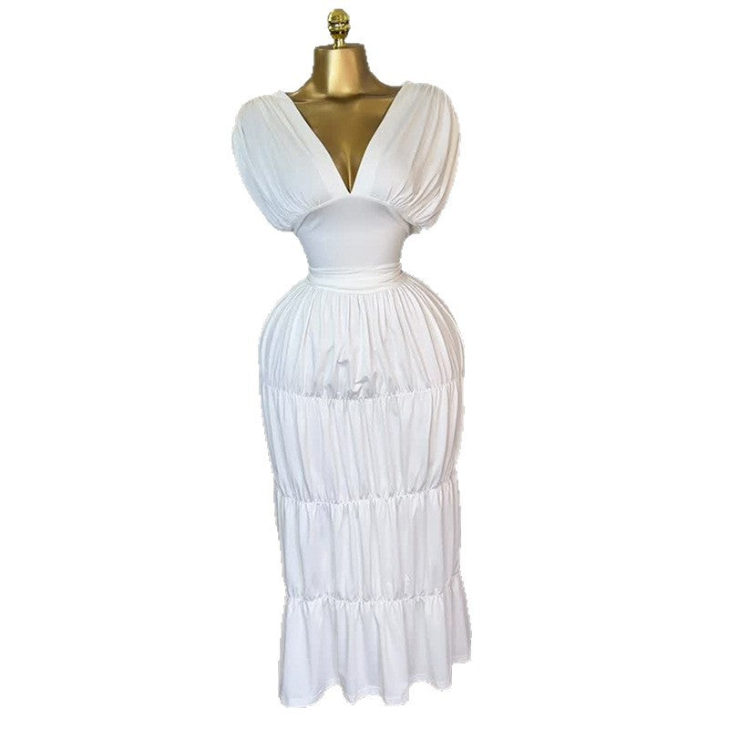 European and american cross-border women's fashion:  autumn new arrivals - sexy and elegant v-neck, waist-cinching white dress with ruched detailing