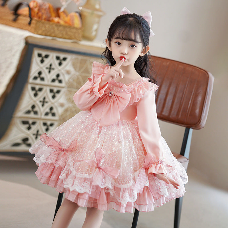 Lolita style girls' princess dress - new long sleeve satin bowknot mesh children's dress for little girls and babies