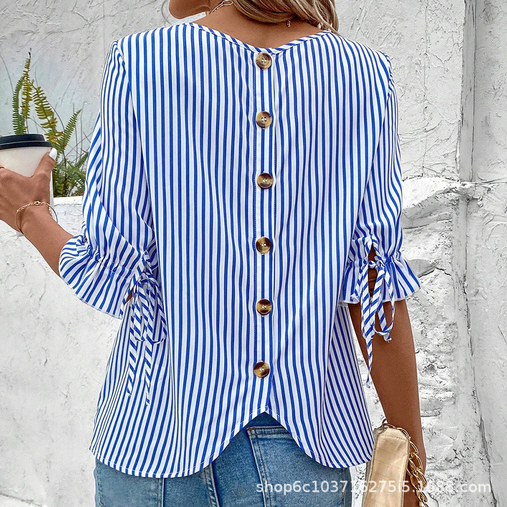 European and american cross-border women's clothing : spring/summer striped cardigan blouse - new loose fit casual women's top