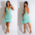 C6609   fashion women's solid color hotfix rhinestone mesh feather tie-up mini dress