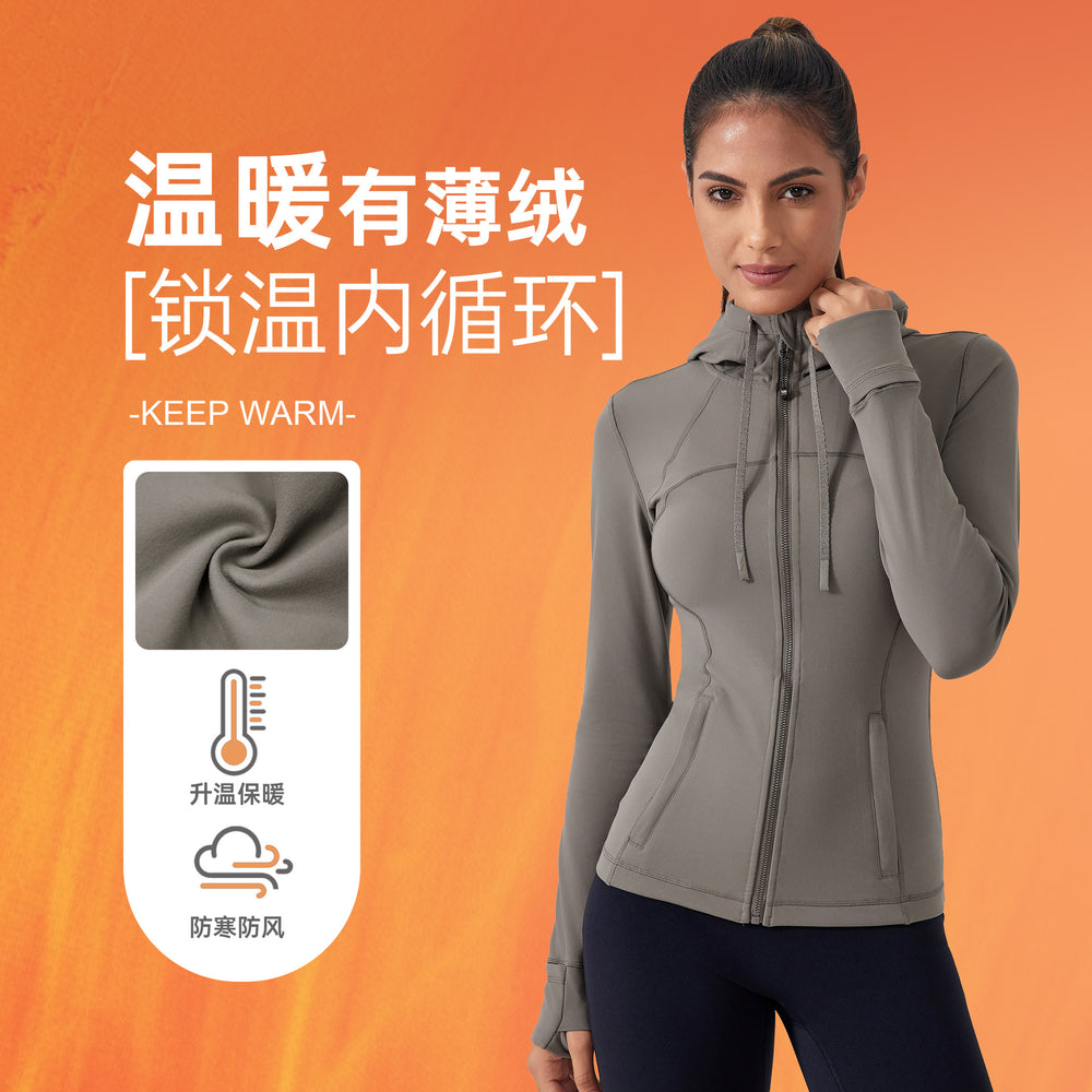 New women's fleece-lined yoga jacket - slim fit, tight-fitting, hooded activewear top for running and fitness - daw179
