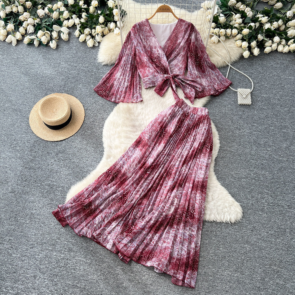 French romantic leopard print two-piece set for women - autumn v-neck, slim fit, high-end purple elegant outfit