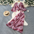 French romantic leopard print two-piece set for women - autumn v-neck, slim fit, high-end purple elegant outfit