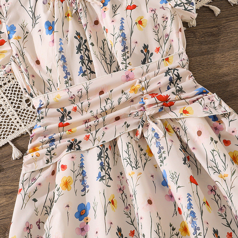26 cross-border  girls' spring/summer new arrival: elegant floral print flutter sleeve a-line dress with cinched waist