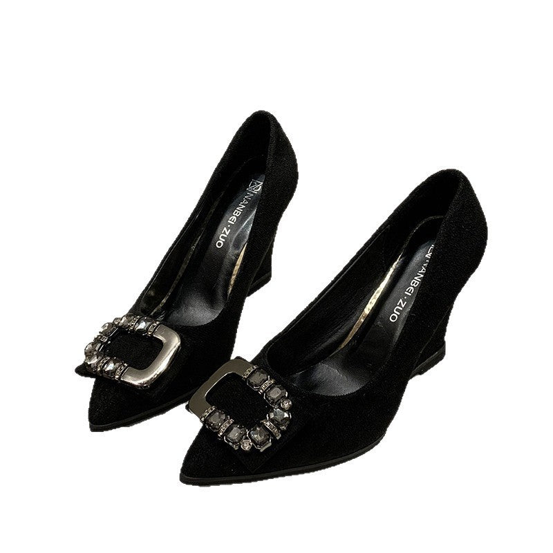 2025 versatile autumn high-heeled work shoes, size 43, fashionable rhinestone new women's shoes, pointed-toe black wedge heel pumps