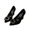 2025 versatile autumn high-heeled work shoes, size 43, fashionable rhinestone new women's shoes, pointed-toe black wedge heel pumps
