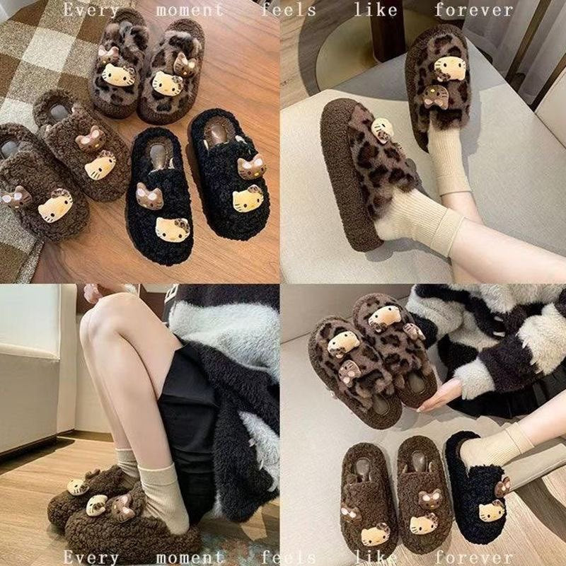 Lambswool thick-soled fuzzy slippers for women, autumn/winter outerwear, 2025 new style, leopard print closed-toe fleece-lined cotton slippers (pairs well with skirts)