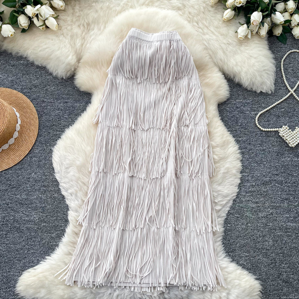 Retrocasual style tassel skirt women's high waist a-line skirt women's work clothingslimming look cake skirt niche style design classy sense