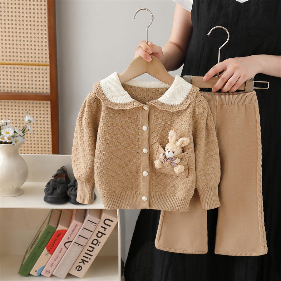 Girls' knit sweater set - new autumn/winter  collection - cartoon bear design, includes pants