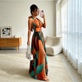 fashion cross-border women's halter v contrast colorprintingdress women's waist slit large swing elegant long skirt