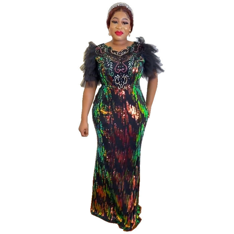 supply elastic sequin short-sleeved mermaid dress long skirt evening dress fashion african fashion women's clothing special price
