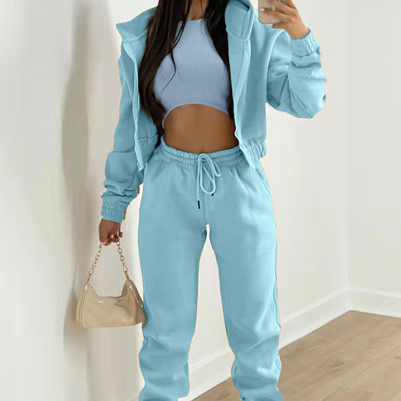 cross-border e-commerce european and american women's clothing: new summer collection - solid color casual activewear three-piece set (hoodie, sweatpants, and top)