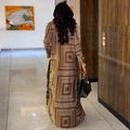 European and american women's clothing  new sweet and fresh geometric pattern v-neck longline shirt and high-waisted wide-leg pants two-piece set